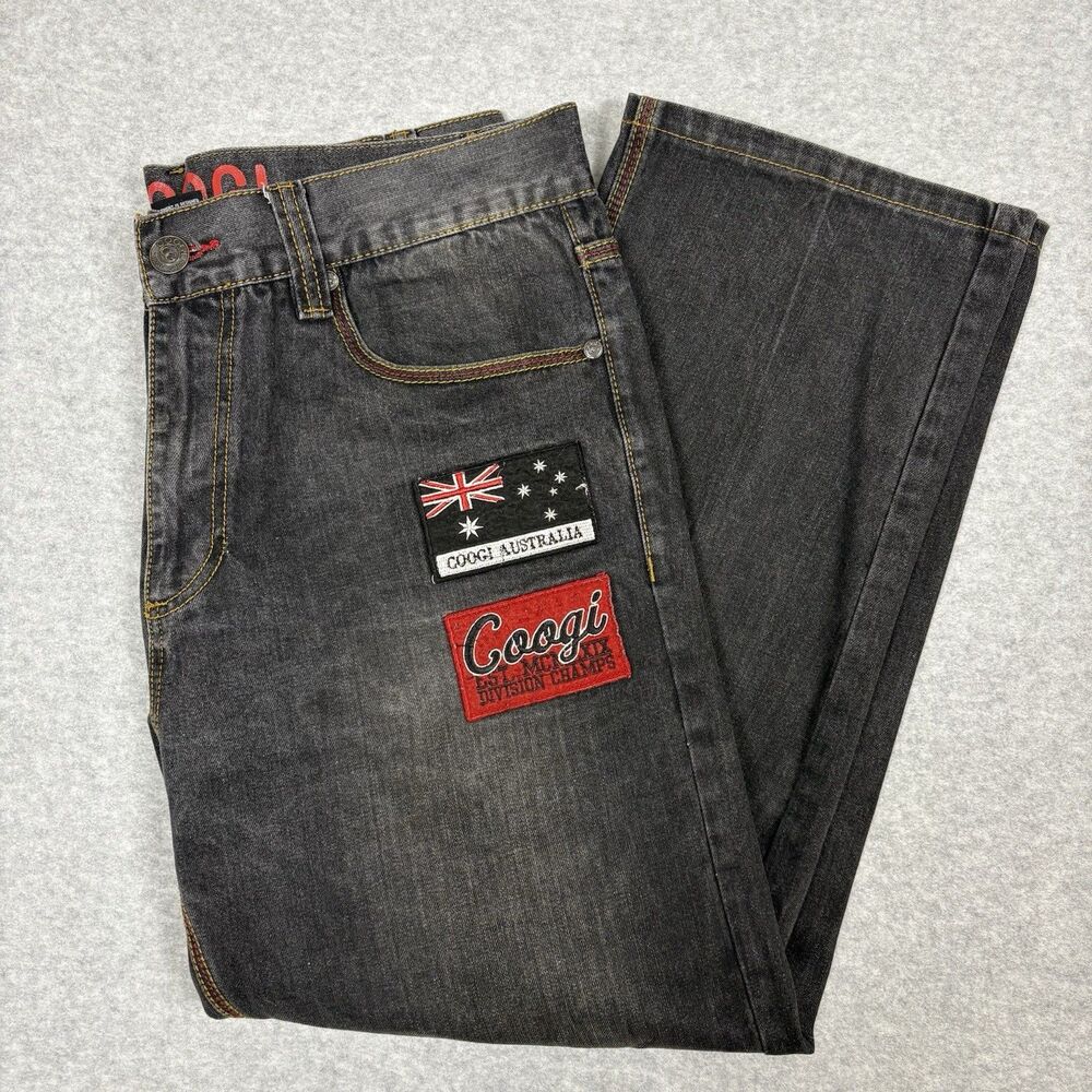 Y2K Coogie Jeans Men’s 36x28.5 Black Baggy Embroidered Flag Patch Hip Hop